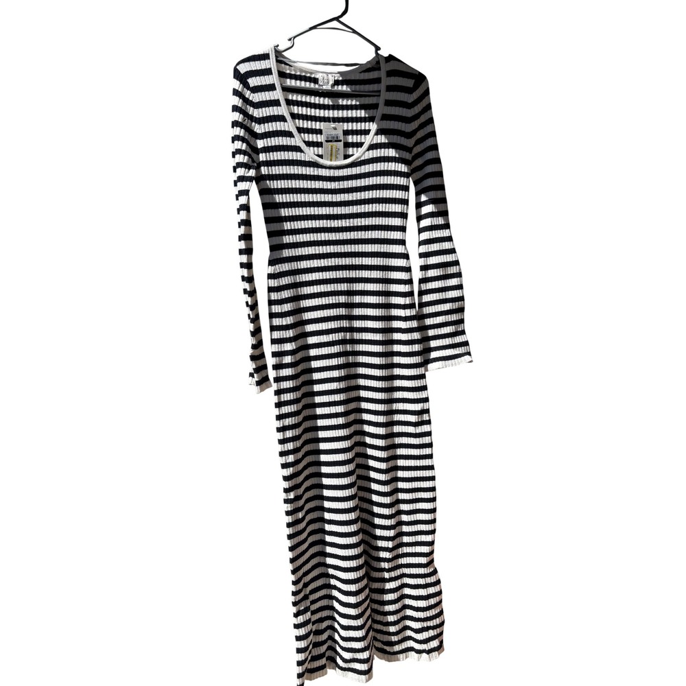 A New Day Black & White Striped Ribbed Long Sleeve Maxi Sweater Dress Medium NWT